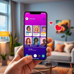 A modern and colorful depiction of a mobile phone screen displaying an engaging dating app interface