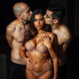 Two Indonesian men with pure white skin are embracing a beautiful 28-year-old woman from behind with affection, kissing her cheek in an intimate yet slightly intimidating manner