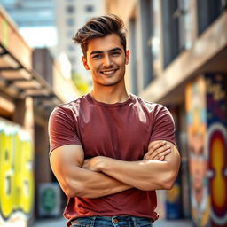 A handsome young man with striking features and a charming smile, wearing a stylish casual outfit that includes a fitted t-shirt and jeans