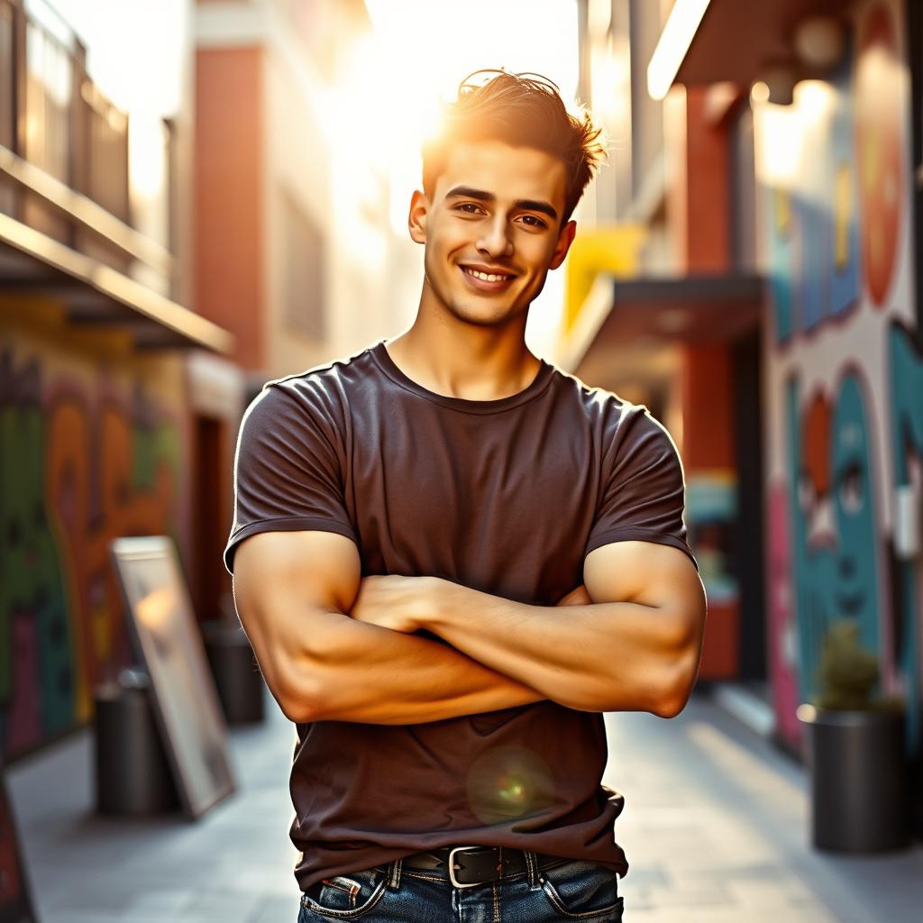 A handsome young man with striking features and a charming smile, wearing a stylish casual outfit that includes a fitted t-shirt and jeans