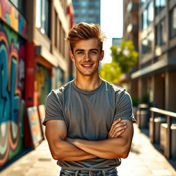 A handsome young man with striking features and a charming smile, wearing a stylish casual outfit that includes a fitted t-shirt and jeans