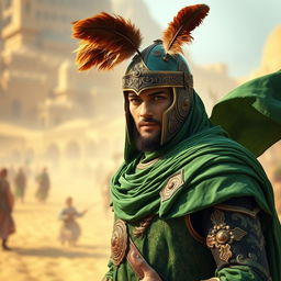 A medieval Islamic warrior dressed entirely in rich green attire, adorned with intricate designs
