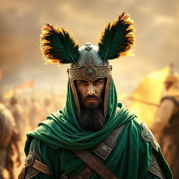 A medieval Islamic warrior dressed entirely in rich green attire, adorned with intricate designs