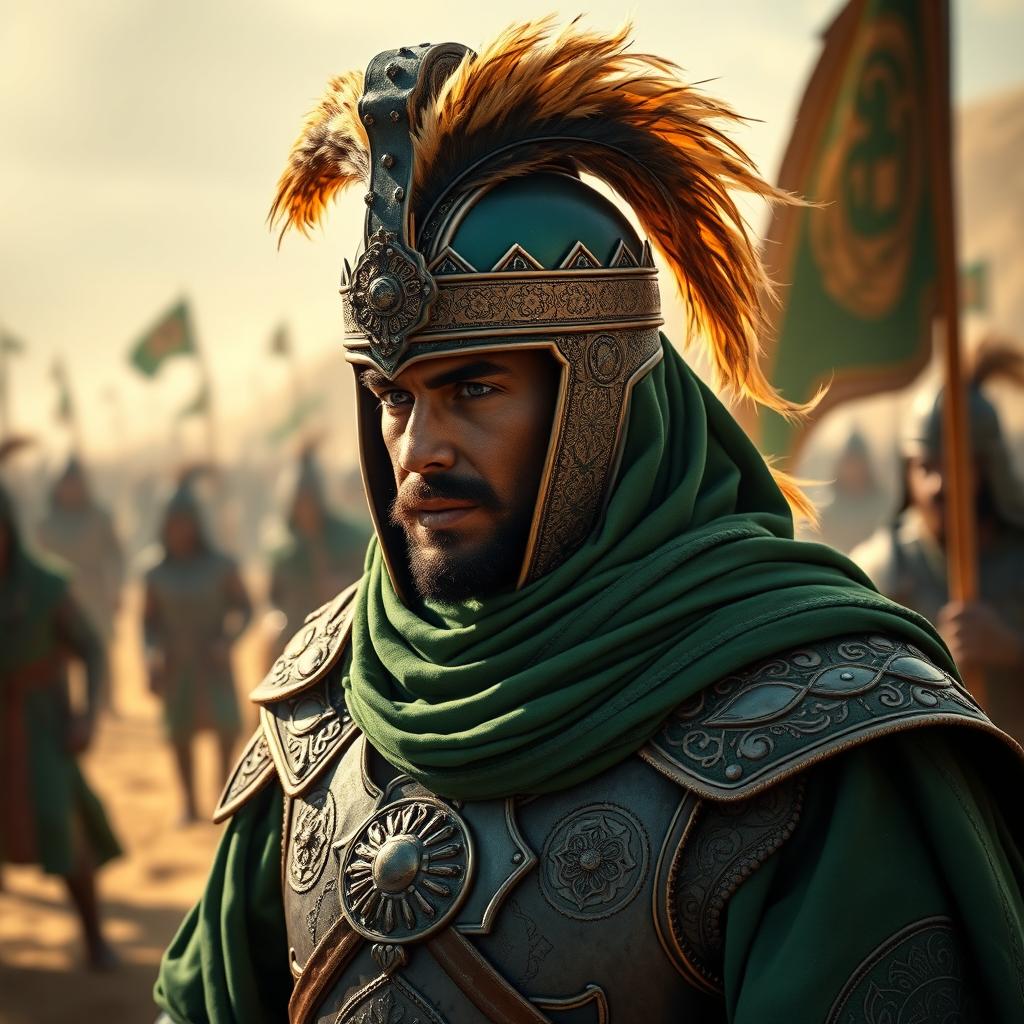 A medieval Islamic warrior dressed entirely in rich green attire, adorned with intricate designs