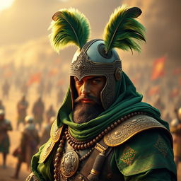 A medieval Islamic warrior dressed entirely in rich green attire, adorned with intricate designs