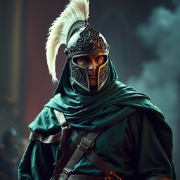 A figure dressed in complete green war attire from the early Islamic period, featuring an ornate helmet adorned with two long, elegant white feathers