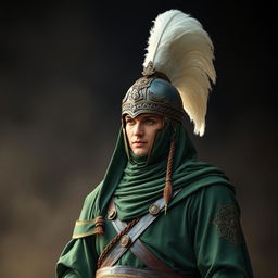 A figure dressed in complete green war attire from the early Islamic period, featuring an ornate helmet adorned with two long, elegant white feathers