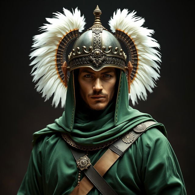 A figure dressed in complete green war attire from the early Islamic period, featuring an ornate helmet adorned with two long, elegant white feathers