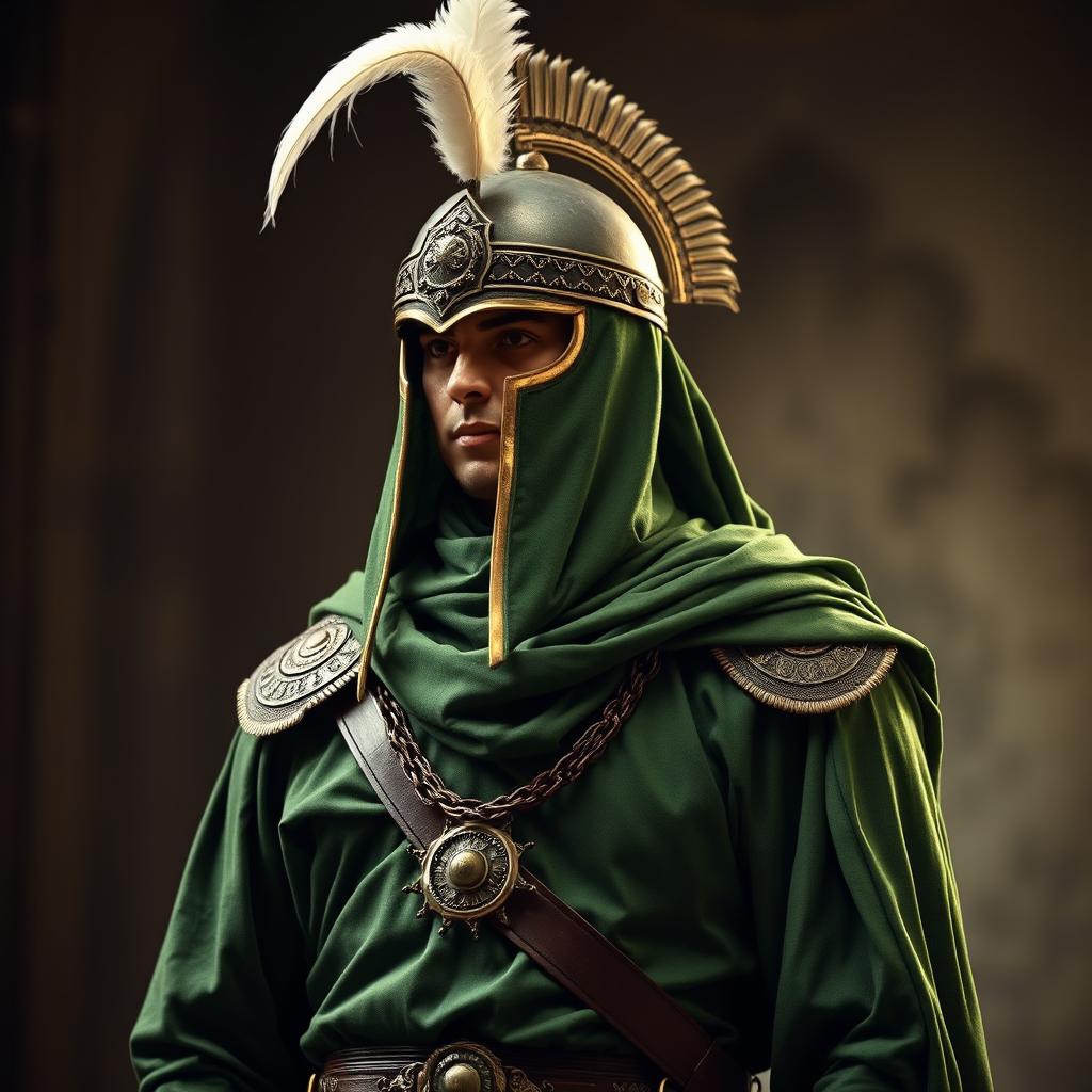 A figure dressed in complete green war attire from the early Islamic period, featuring an ornate helmet adorned with two long, elegant white feathers