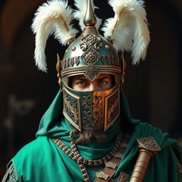 A historical Islamic warrior dressed in complete green battle attire, featuring luxurious details