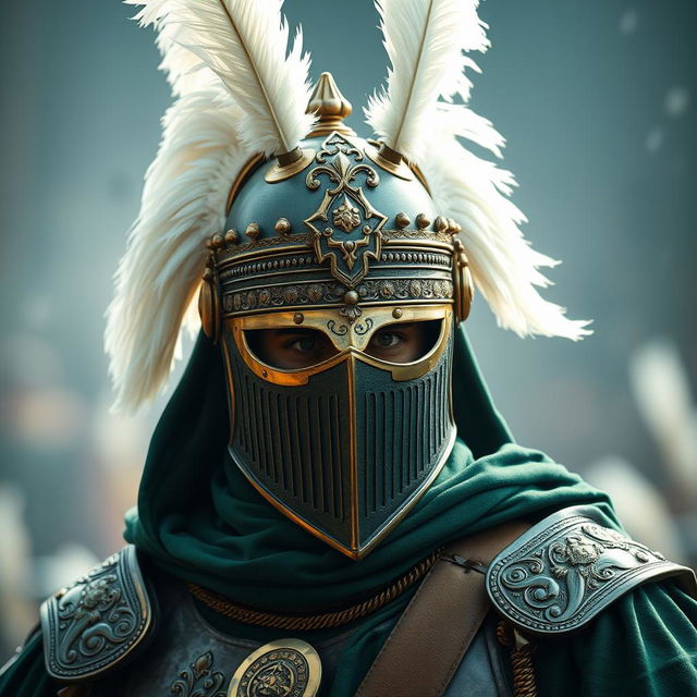 A historical Islamic warrior dressed in complete green battle attire, featuring luxurious details
