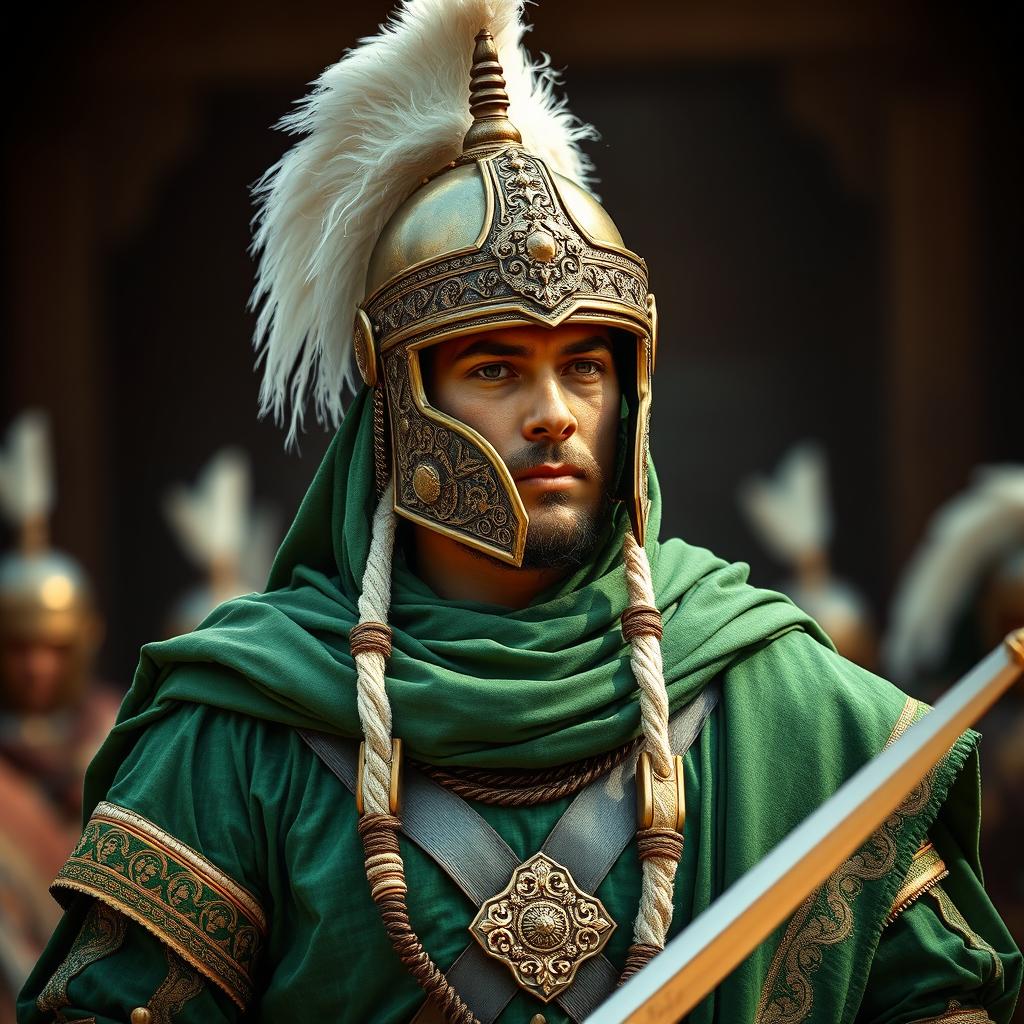 A historical Islamic warrior dressed in complete green battle attire, featuring luxurious details