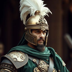 A historical Islamic warrior dressed in complete green battle attire, featuring luxurious details