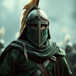 A warrior in full Islamic ancient battle attire, predominantly in green colors