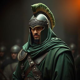 A warrior in full Islamic ancient battle attire, predominantly in green colors