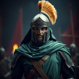 A warrior in full Islamic ancient battle attire, predominantly in green colors