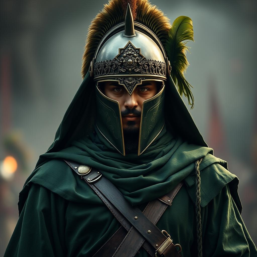 A warrior in full Islamic ancient battle attire, predominantly in green colors