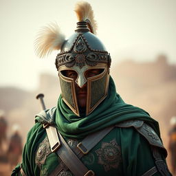 A warrior dressed in full green battle attire from the early Islamic era, featuring intricate designs and rich textures