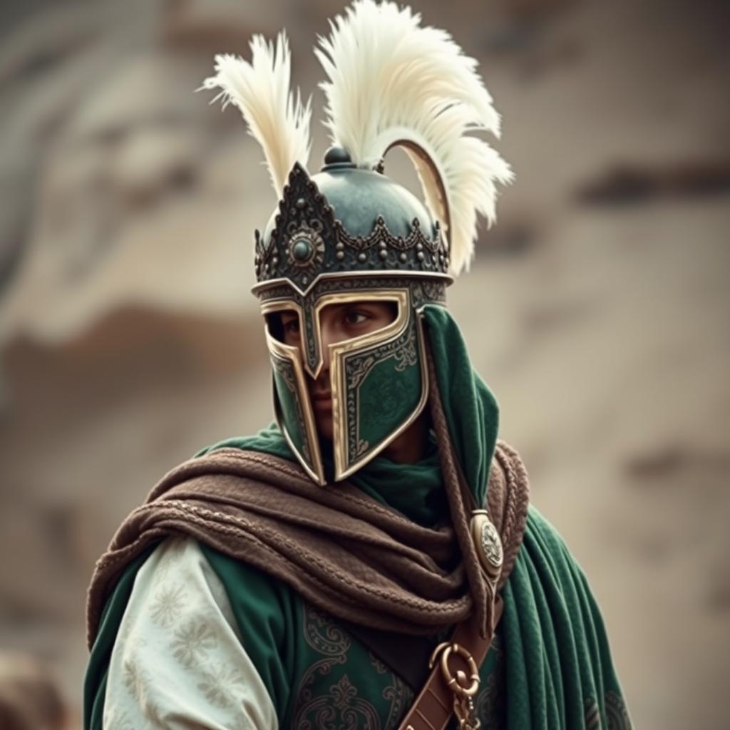 A warrior dressed in full green battle attire from the early Islamic era, featuring intricate designs and rich textures