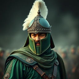 A warrior dressed in full green battle attire from the early Islamic era, featuring intricate designs and rich textures