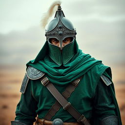 A warrior dressed in full green battle attire from the early Islamic era, featuring intricate designs and rich textures