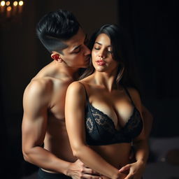 A 33-year-old Indonesian man with pure white skin embraces a beautiful 28-year-old woman from behind, showing affection and a hint of intimidation as he kisses her cheek