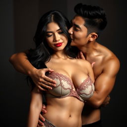A 33-year-old Indonesian man with pure white skin embraces a beautiful 28-year-old woman from behind, showing affection and a hint of intimidation as he kisses her cheek