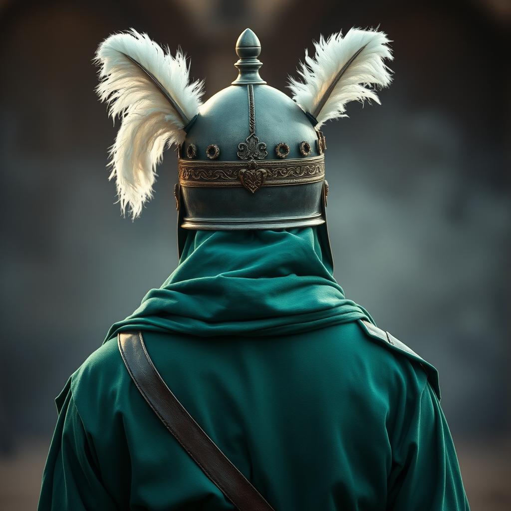 A person dressed in full green battle attire from the early Islamic era, wearing an ornate helmet adorned with two luxurious white plumes