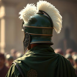 A person dressed in full green battle attire from the early Islamic era, wearing an ornate helmet adorned with two luxurious white plumes