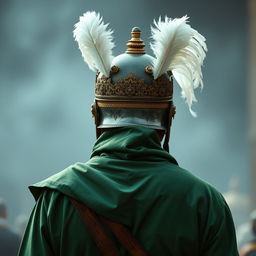 A person dressed in full green battle attire from the early Islamic era, wearing an ornate helmet adorned with two luxurious white plumes