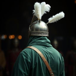 A person dressed in full green battle attire from the early Islamic era, wearing an ornate helmet adorned with two luxurious white plumes