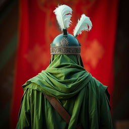 A warrior dressed in full green Islamic ancient battle attire, featuring a magnificent helmet adorned with two elegant white feathers