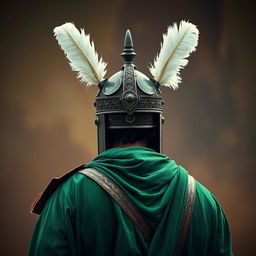A warrior dressed in full green Islamic ancient battle attire, featuring a magnificent helmet adorned with two elegant white feathers