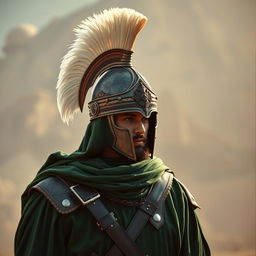 A warrior dressed in full green Islamic ancient battle attire, featuring a magnificent helmet adorned with two elegant white feathers