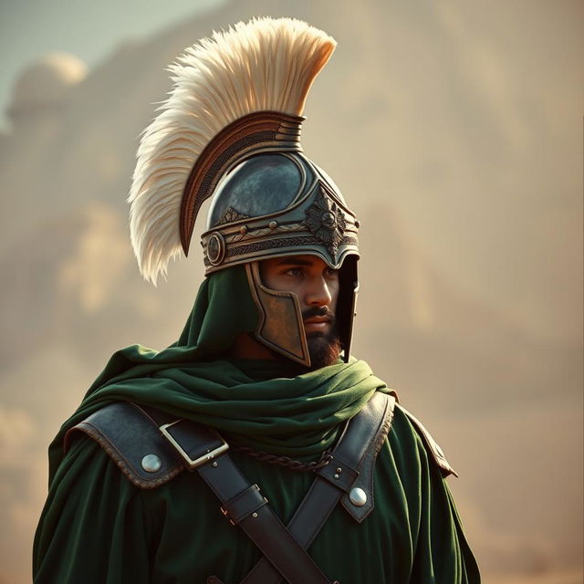 A warrior dressed in full green Islamic ancient battle attire, featuring a magnificent helmet adorned with two elegant white feathers