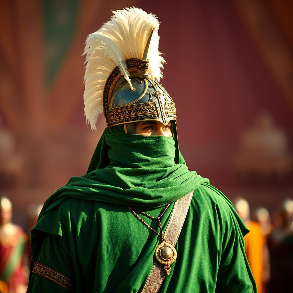 A warrior dressed in full green Islamic ancient battle attire, featuring a magnificent helmet adorned with two elegant white feathers