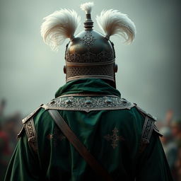 A tall man dressed in full Islamic medieval battle attire, entirely in rich green color