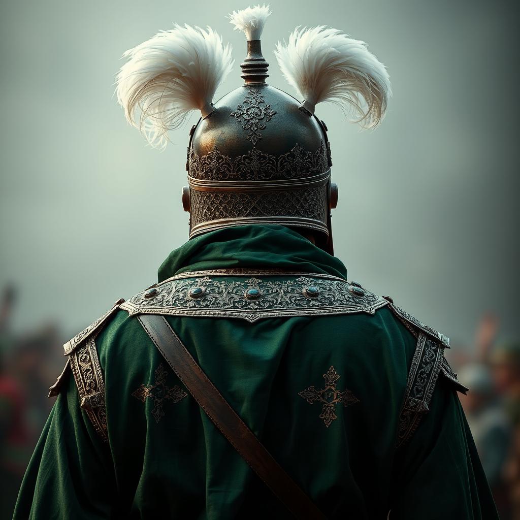 A tall man dressed in full Islamic medieval battle attire, entirely in rich green color
