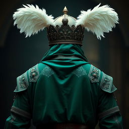 A tall man dressed in full Islamic medieval battle attire, entirely in rich green color