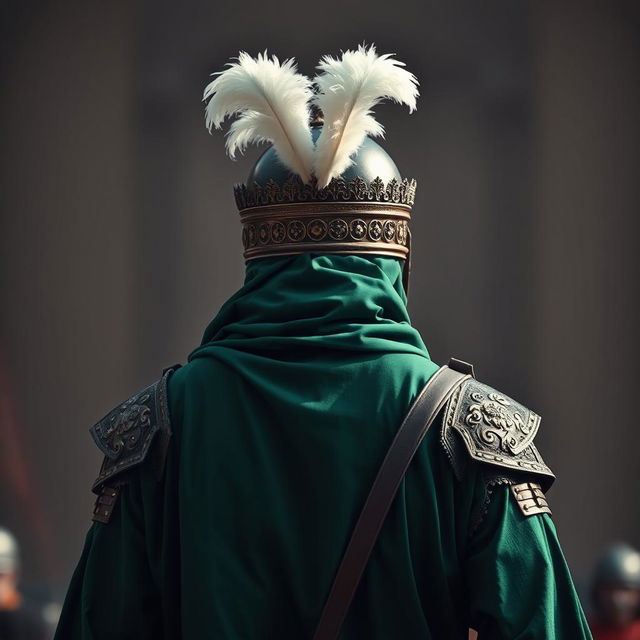 A tall man dressed in full Islamic medieval battle attire, entirely in rich green color