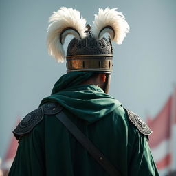 A tall man dressed in full Islamic medieval battle attire, entirely in rich green color
