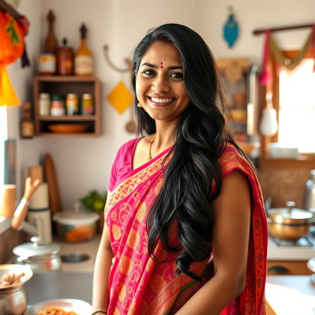 A beautiful Indian mother with long, flowing black hair, wearing a vibrant saree with intricate patterns