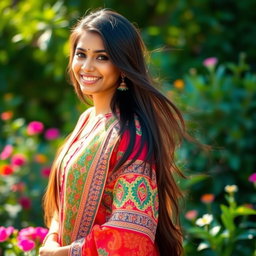 A beautiful Indian woman with long, flowing black hair, dressed in a colorful traditional outfit with intricate patterns