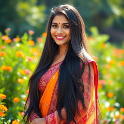 A beautiful Indian woman with long, flowing black hair, dressed in a colorful traditional outfit with intricate patterns