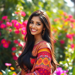 A beautiful Indian woman with long, flowing black hair, dressed in a colorful traditional outfit with intricate patterns