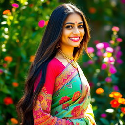 A beautiful Indian woman with long, flowing black hair, dressed in a colorful traditional outfit with intricate patterns