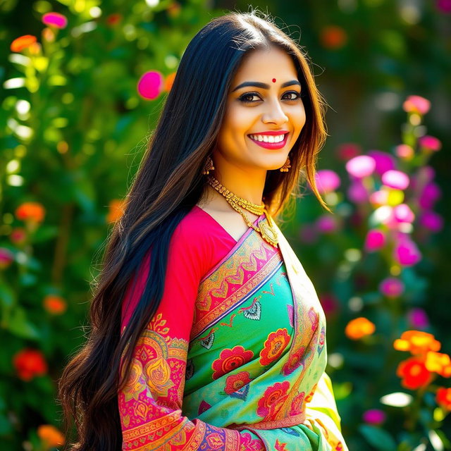 A beautiful Indian woman with long, flowing black hair, dressed in a colorful traditional outfit with intricate patterns