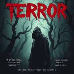 A chilling horror movie poster featuring a dark forest in the background with twisted, gnarled trees that have ominous shadows