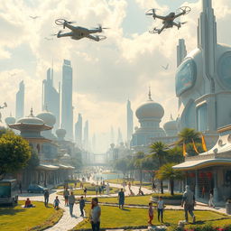 A futuristic vision of Iran in the year 2500, showcasing advanced technology, sprawling futuristic cities with flying vehicles, traditional Persian architectural elements integrated with ultra-modern designs, lush green spaces, and people wearing high-tech clothing