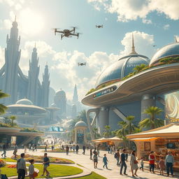 A futuristic vision of Iran in the year 2500, showcasing advanced technology, sprawling futuristic cities with flying vehicles, traditional Persian architectural elements integrated with ultra-modern designs, lush green spaces, and people wearing high-tech clothing